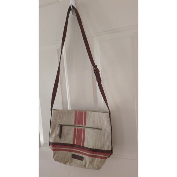 Lucky Brand Handbags - Lucky Brand Fabric Purse with Adjustable Leather Strap, Cream and Coral, ZIpper